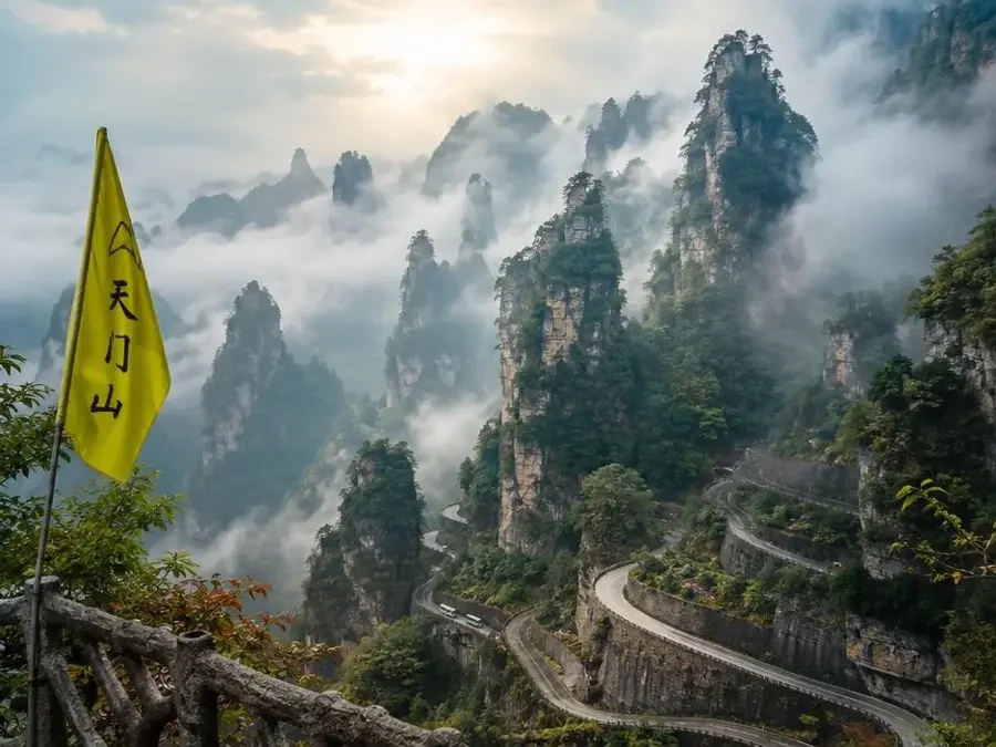 张家界天门山盘山公路与石柱群,云雾中飘着黄色导游旗 张家界天门山盘山公路与石柱群,云雾中飘着黄色导游旗