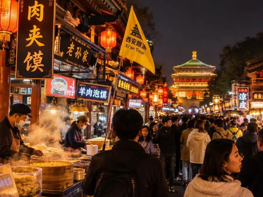 西安夜市回民街灯火通明,烟火气里一面黄色导游旗高出人群 西安夜市回民街灯火通明,烟火气里一面黄色导游旗高出人群