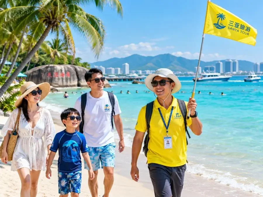 三亚碧海椰林沙滩,亲子游客跟着黄色导游旗玩水 三亚碧海椰林沙滩,亲子游客跟着黄色导游旗玩水